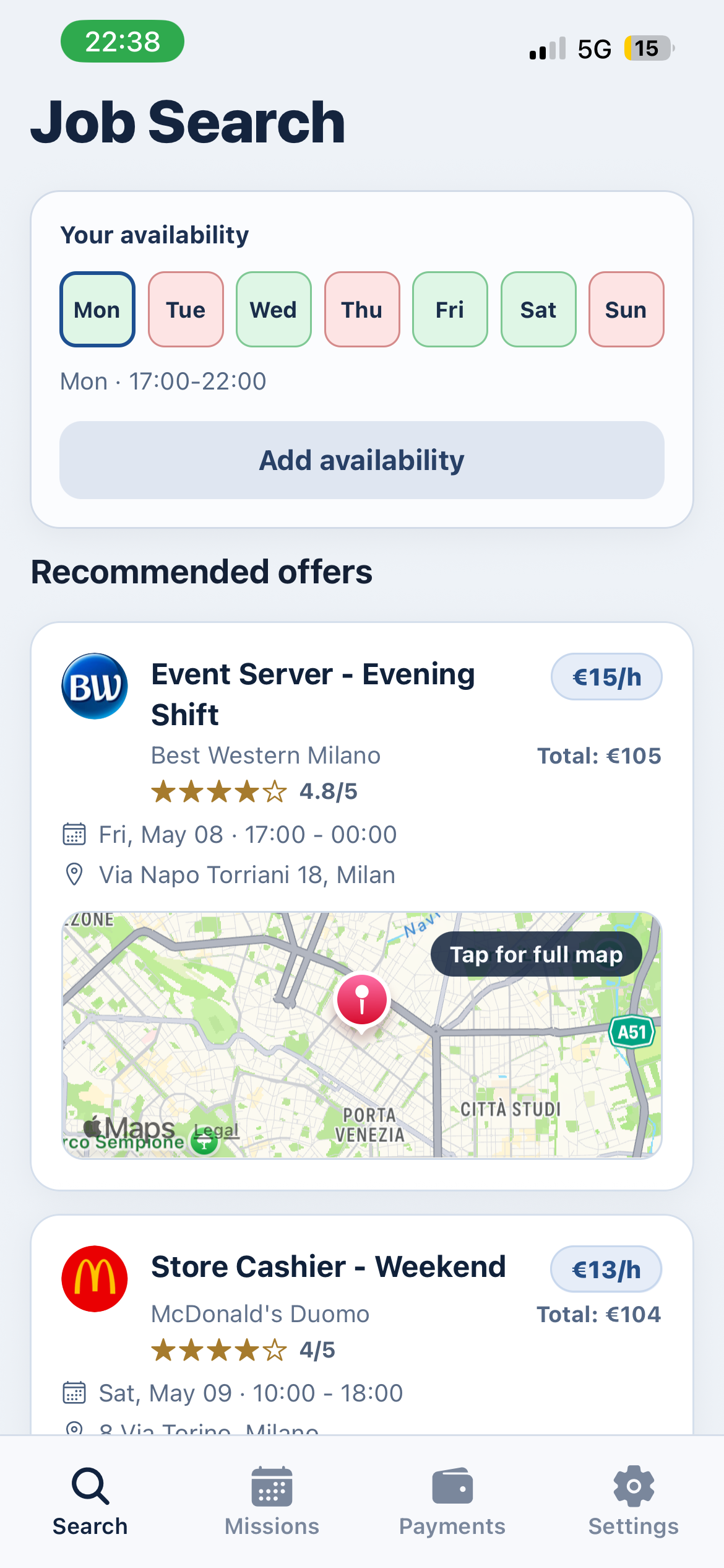 Pronto worker job search screen